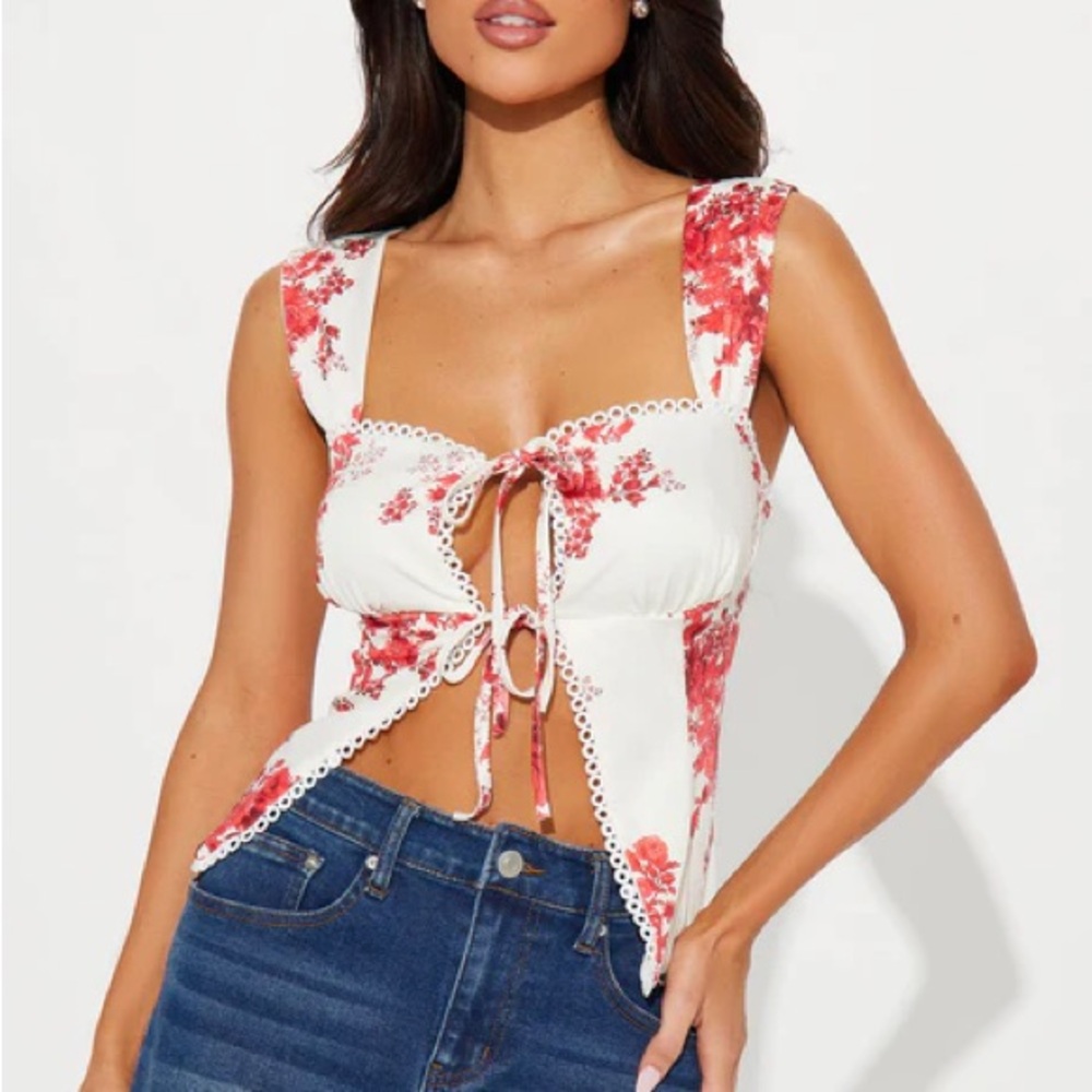 Fashion Nova Red Floral Tie-Front Blouse